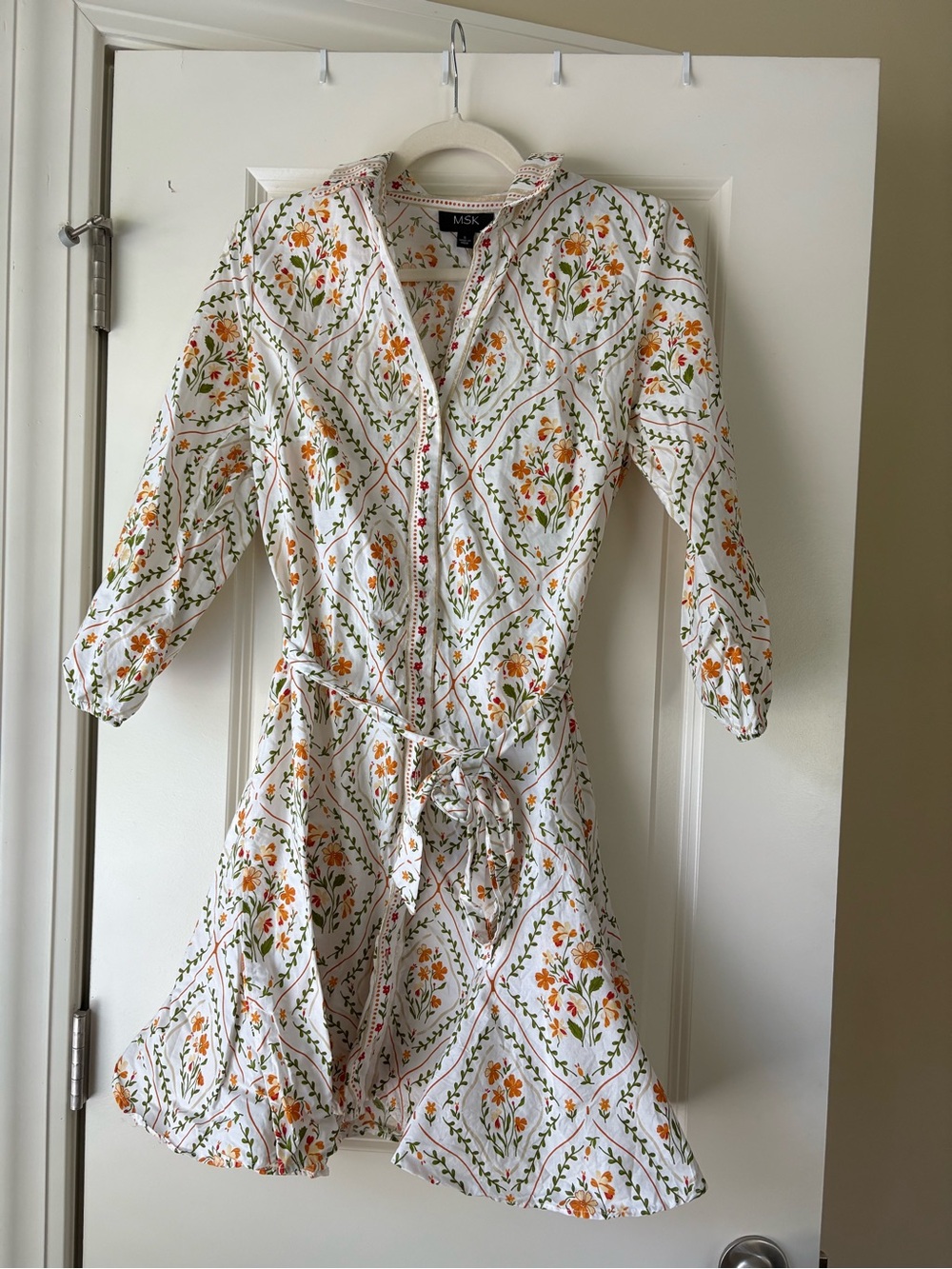 MSK White Floral Mini Dress with Orange and Green Print